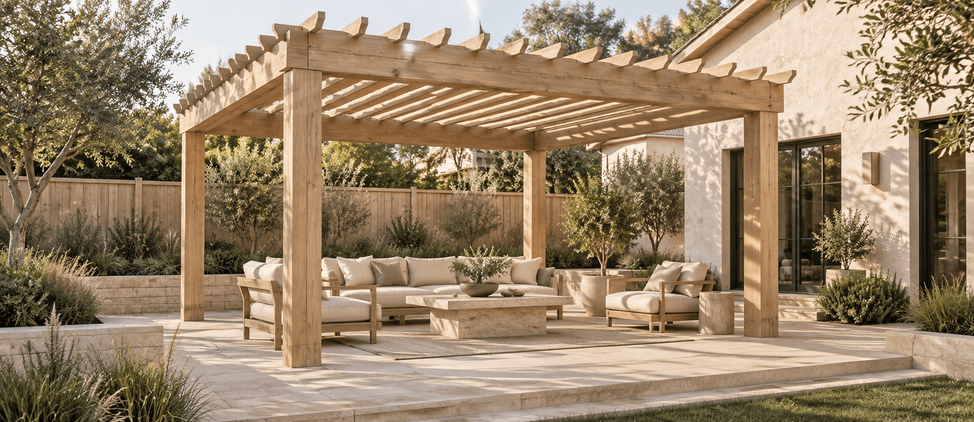 Light wooden pergola and privacy fence beside an outdoor seating area